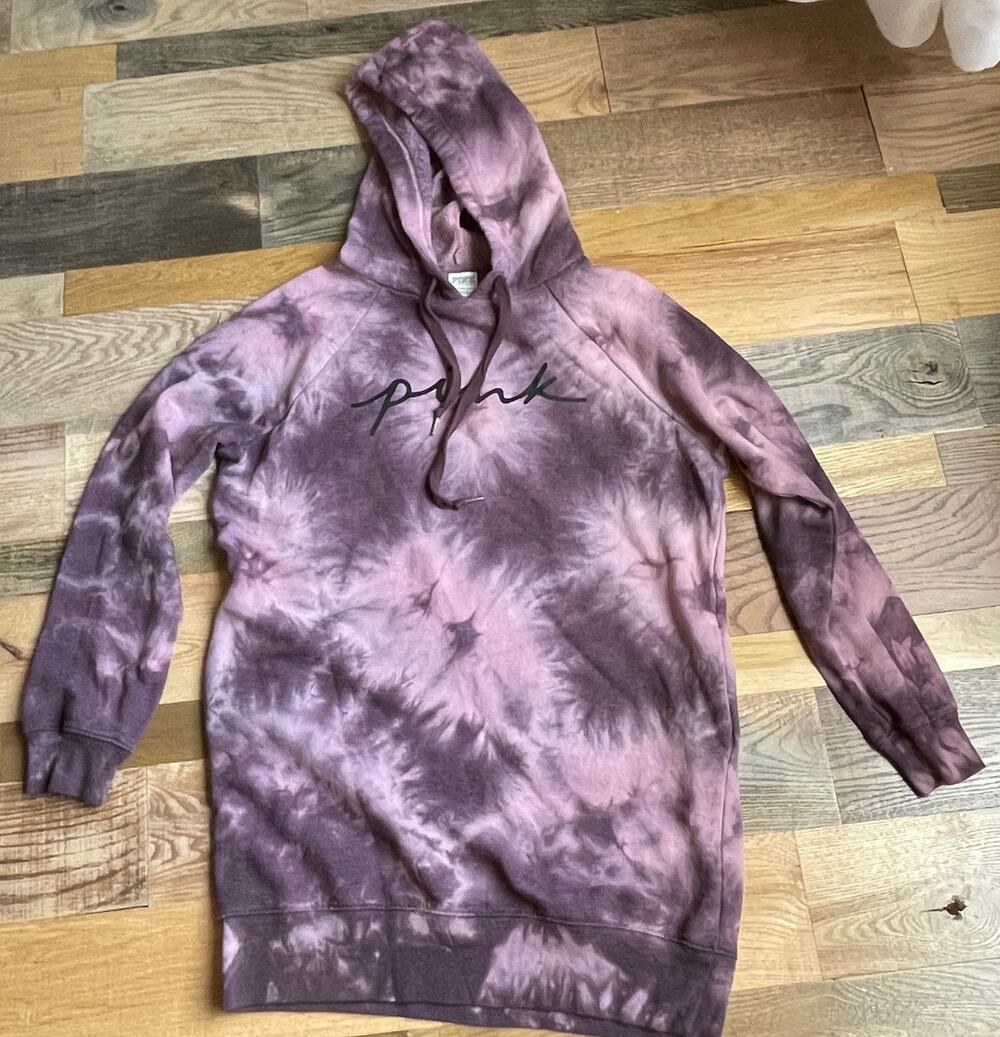 PINK Victoria's Secret XS Purple Tie Dye Hoodie Sweatshirt Dress Logo